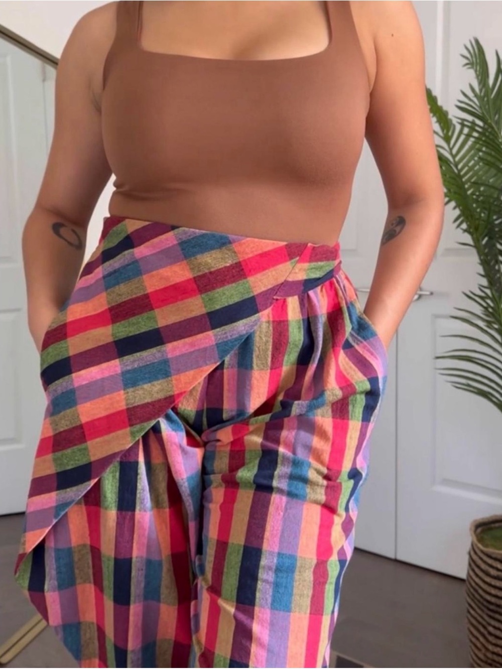 Multicolor Plaid Wide-Leg Wrap Pants - Vibrant Pink & Green